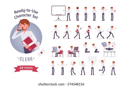 Ready-to-use character set. Young male clerk in formal wear. Different poses and emotions, running, standing, sitting, walking, happy, angry. Full length, front, rear view against white background