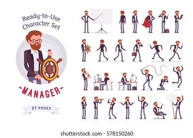 Ready-to-use character set. Young male manager in formal wear. Different poses and emotions, running, standing, sitting, walking, happy, angry. Full length, front, rear view against white background