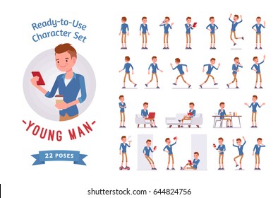 Ready-to-use character set. Young man, trendy haircut, beige chino shorts. Various poses and emotions, running, standing, walking, working. Full length, front, rear view isolated, white background