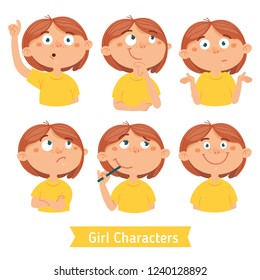 Ready-to-use character set  with a young school girl  in different poses and emotions. Flat style vector illustration isolated on white background