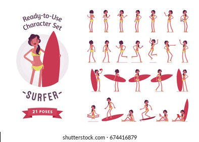 Ready-to-use character set. Young surfer woman, summer beach holiday. Various poses, emotions, running, standing, walking, sunbathing, playing. Full length, front, rear view isolated, white background