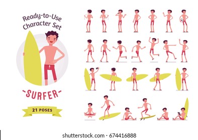 Ready-to-use character set. Young surfer man on summer beach holiday. Various poses, emotions, running, standing, walking, sunbathing, playing. Full length, front, rear view isolated, white background