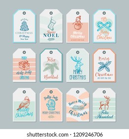 Ready-to-Use Christmas and New Year Gift Tags or Labels Templates Set. Hand Drawn Christmas Sketches with Retro Typography and Gentle Pastel Colors. Isolated.