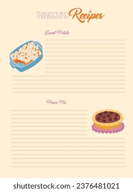 Diseño de página de recetas de Acción de Gracias listo para usar. Para la receta de Patata dulce y Pie de Pecan. Vector