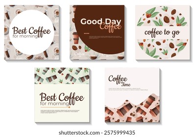 Ready-to-use vector templates for social media posts, perfect for creating stylish marketing materials or engaging layouts. Features seamless designs with hot coffee cups, roasted beans for branding