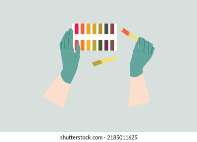 Reagent Test Strips. Scientist's Hand In Glove Holding Test Strip, Analysis. PH Indicator, Litmus Paper, Dipstick. Vector Flat Cartoon Illustration