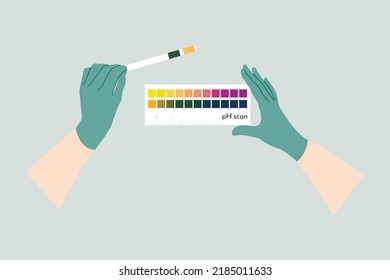 Reagent Test Strips. Scientist's Hand In Glove Holding Test Strip, Analysis. PH Indicator, Litmus Paper, Dipstick. Vector Flat Cartoon Illustration