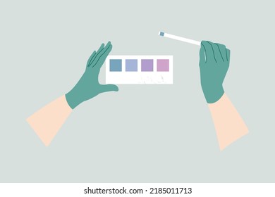 Reagent Test Strips. Scientist's Hand In Glove Holding Test Strip, Analysis. PH Indicator, Litmus Paper, Dipstick. Vector Flat Cartoon Illustration