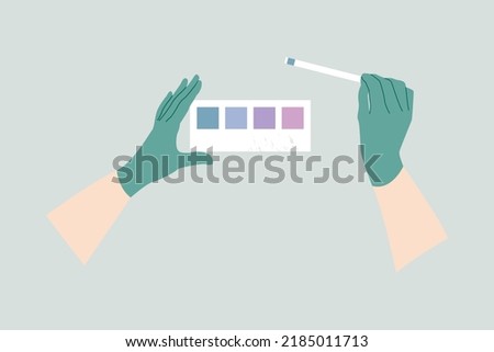 Reagent test strips. Scientist's hand in glove holding test strip, analysis. pH indicator, litmus paper, dipstick. Vector flat cartoon illustration