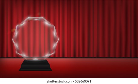 real 3d transparent acrylic trophy with red curtain stage background