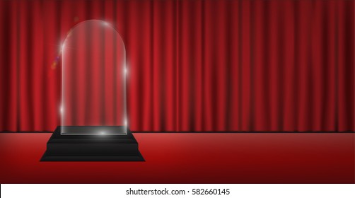 real 3d transparent acrylic trophy with red curtain stage background