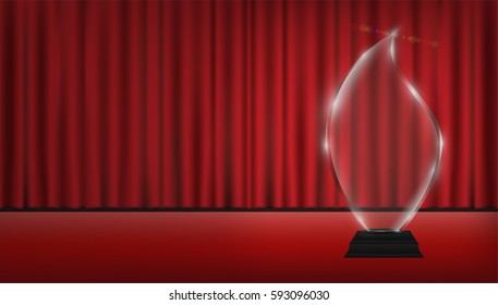 real 3d transparent acrylic trophy with red curtain stage background
