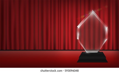 real 3d transparent acrylic trophy with red curtain stage background
