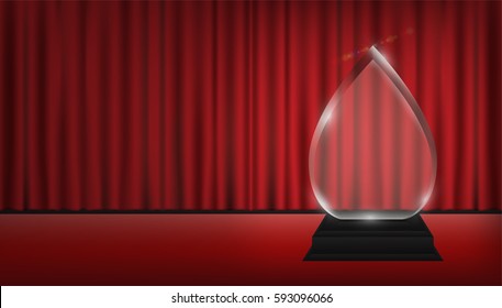 real 3d transparent acrylic trophy with red curtain stage background
