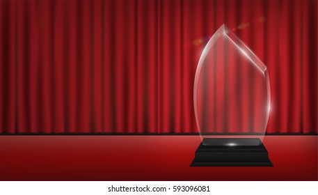 real 3d transparent acrylic trophy with red curtain stage background
