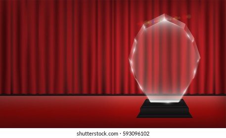 real 3d transparent acrylic trophy with red curtain stage background
