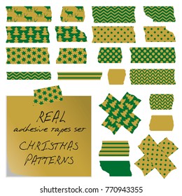 Real adhesive tapes set. Christmas patterns - deers stars, trees etc. Green, gold. Use as decorations on cards, letter, banner etc. Vector eps 10.