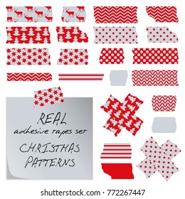 Real adhesive tapes set. Christmas patterns - deers stars, trees etc. Red, silver. Use as decorations on cards, letter, banner etc. Vector eps 10.