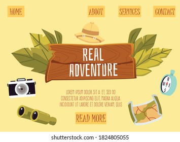 Real adventure african safari travel tour inscription wood desk on yellow background surrounded by tourist equipment landing page, flat cartoon vector illustration