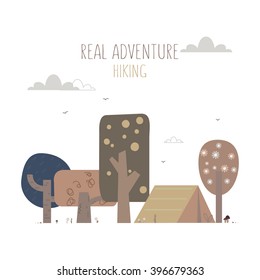 Real adventure. Hiking Cartoon card. 