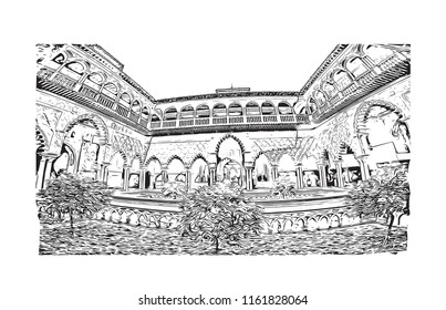 Real Alcazar of Seville is a royal palace in Seville, Spain. Hand drawn sketch illustration in vector.