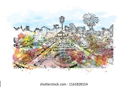 Real Alcazar of Seville is a royal palace in Seville, Spain. Watercolor
splash with Hand drawn sketch illustration in vector.