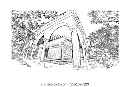 Real Alcazar of Seville is a royal palace in Seville, Spain. Hand drawn sketch illustration in vector.