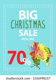 Real big christmas sale in markets to buy presents. Little elf carry lot of boxes with gifts for kids. Fairy character and designed caption on advertising poster. Vector illustration of promotion