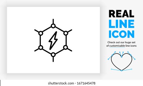real black line icon of graphene a single layer of graphite a strong material by the hexagon rings of a carbon honeycomb structure in a molecular atom conducting electricity with a thunder bolt symbol