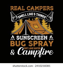 Real Campers Smell Like 5 Things Sunscreen Bug Spray Dirt lake water and campfire typography T-shirt Design. This versatile design is ideal for prints, t-shirt, mug, poster, and many other tasks.
