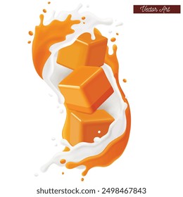 Real caramel milk chocolate syrup cubes melting caramel chocolate splash vector illustration art