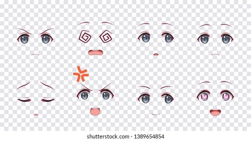 Real cartoon blue eyes of anime manga girls, in Japanese style. Set of various emotions