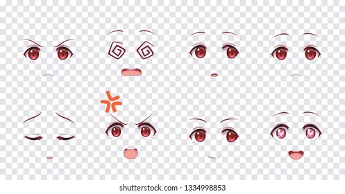 Real cartoon red eyes of anime manga girls, in Japanese style. Set of various emotions