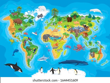 Real cartoon world map with different animals of all continents and oceans