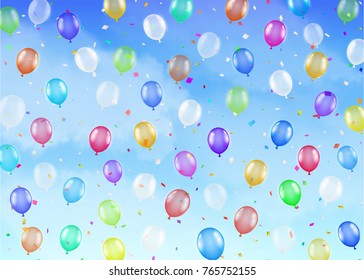 real colorful balloons floating on bright sky