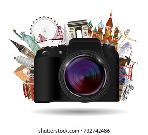 real compact travel camera with world landmark