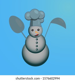 Real cool snowman is a master chef (with a kitchen spoon an apron and a chef hat)