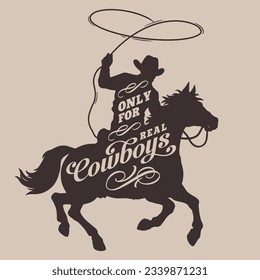 Real vintage volante monocromo vintage hombre sentado a caballo y sosteniendo lazo sobre la cabeza para diseño de ropa brutal ilustración vectorial