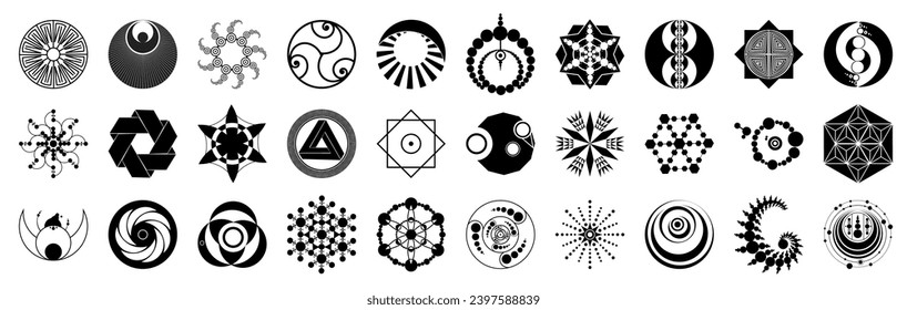 Real Crop Circle Image Vector Icon Set - Geoglyph Round Element Clipart - Agroglyph Sacral Geometry Shape Design 
