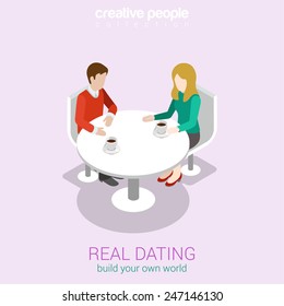 Real dating flat 3d web isometric infographic concept vector. Couple date in real life sitting talking restaurant cafe table. Build your own world creative people collection.