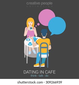 Real dating flat web infographic concept vector. Couple date in real life sitting talking restaurant cafe table chat bubble. Build your own world creative people collection.