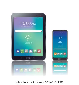Real drawing of a mobile and a tablet. Mobile and tablet with real digital screen.