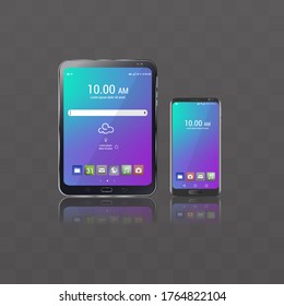 Real drawing of a mobile and a tablet. Mobile and tablet with real digital screen.