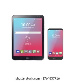 Real drawing of a mobile and a tablet. Mobile and tablet with real digital screen.