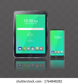 Real drawing of a mobile and a tablet. Mobile and tablet with real digital screen.