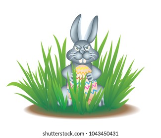 The real Easter Bunny in the grass holds a painted egg. Vector illustration EPS-8.