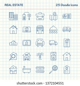 Real Estate 25 Doodle Icons. Hand Drawn Business Icon Set