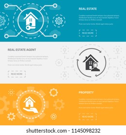 Real estate 3 horizontal webpage banners template with Real Estate, Real Estate Agent, Property concept icons. Flat modern isolated icon illustration.