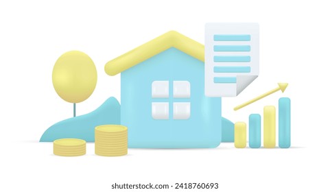 Real Estate 3d Illustration of House with for Sale, Rent or Buying. Trendy and Modern Vector Realistic Illustration. Cartoon Minimal Style.