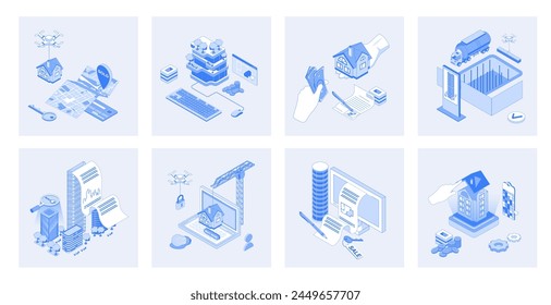 Real estate 3d isometric concept set with isometric icons design for web. Collection of searching new home, property buying, houses building, customer bank loan and mortgage. Vector illustration